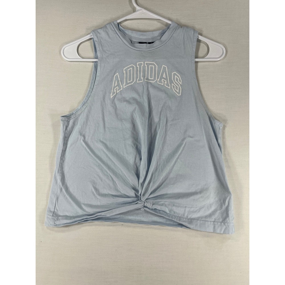 Adidas Womens Twist Front Graphic Tank Top Light Blue Sleeveless Small